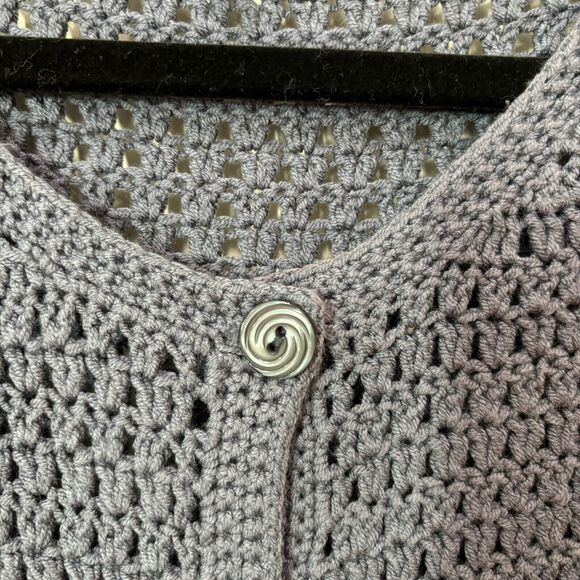 J Jill Gray Crochet Duster Cardigan Size Medium Cotton Button Front Open Weave - Picture 4 of 12